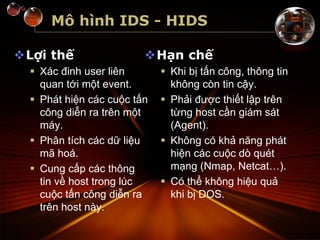 Mô hình IDS - HIDS
Lợi thế
 Xác đinh user liên
quan tới một event.
 Phát hiện các cuộc tấn
công diễn ra trên một
máy.
 Phân tích các dữ liệu
mã hoá.
 Cung cấp các thông
tin về host trong lúc
cuộc tấn công diễn ra
trên host này.
Hạn chế
 Khi bị tấn công, thông tin
không còn tin cậy.
 Phải được thiết lập trên
từng host cần giám sát
(Agent).
 Không có khả năng phát
hiện các cuộc dò quét
mạng (Nmap, Netcat…).
 Có thể không hiệu quả
khi bị DOS.
 