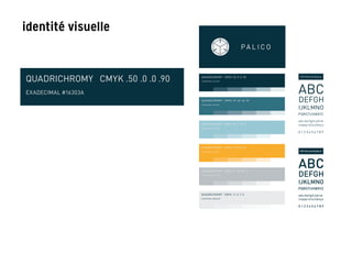 identité visuelle
P A L I C O
QUADRICHROMY CMYK .50 .0 .0 .90
EXADECIMAL #16303A
QUADRICHROMY CMYK .79 .40 .34 .18
EXADECIMAL #347083
QUADRICHROMY CMYK .39 .8 .13 .0
EXADECIMAL #A7CDDB
QUADRICHROMY CMYK .0 .36 .94 .0
EXADECIMAL #F8AF0D
QUADRICHROMY CMYK .31 .20 .20 .2
EXADECIMAL #192D38
QUADRICHROMY CMYK .11 .6 .7 .0
EXADECIMAL #E8EAEB
DIN Round Regular
ABC
DEFGH
IJKLMNO
PQRSTUVWXYZ
abcdefghijklm
nopqrstuvwxyz
0 1 2 3 4 5 6 7 8 9
DIN Round Medium
ABC
DEFGH
IJKLMNO
PQRSTUVWXYZ
abcdefghijklm
nopqrstuvwxyz
0 1 2 3 4 5 6 7 8 9
QUADRICHROMY CMYK .50 .0 .0 .90
EXADECIMAL #16303A
QUADRICHROMY CMYK .79 .40 .34 .18
EXADECIMAL #347083
QUADRICHROMY CMYK .39 .8 .13 .0
EXADECIMAL #A7CDDB
DI
A
D
IJ
PQ
ab
no
0 1
 