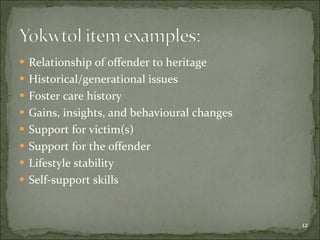 Relationship of offender to heritage Historical/generational issues Foster care history Gains, insights, and behavioural changes Support for victim(s) Support for the offender Lifestyle stability Self-support skills 