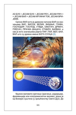 101
АЗ БУК = JECAM БУК = JECAM РЕЧ, JECAM РИЧ =
= JECAM ВАЛ = JECAM КРУЖНИ ТОК, JECAM ВРИ-
ЈЕМЕ.
Српско ВАЛ исто је древном галском БАЛ са зна-
чењима ВИС, ВИСОК, ВЕЛИК, ВИШЊИ, ГЛАВА,
ГОСПОДАР, ГОСПОД, УТВДА, ОМОТАЧ, ДРЖАЧ,
ПЛЕСАЧ, ПРАЧКА (БАЦАЧ), СТАБЛО, БАЛВАН, и
све је исто значењима ријечи ПАР, ПАЛ, БЕЛ, БАЛ,
ВАЛ штo су древнa имена БОГА СУНЦА [2].
Кружно валовито кретањe (зрачење, рaдијација,
фреквенција или елетромагнетни валови), jедна je
од Божијих суштинa (у хришћанству Свети Дух). Да
 