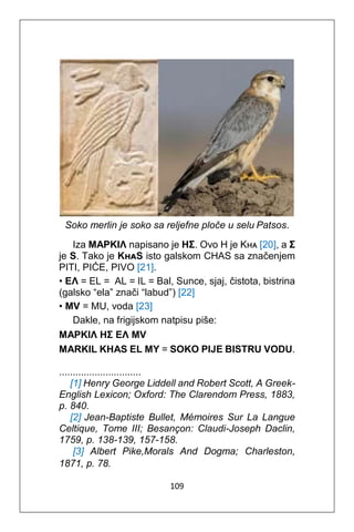 109
Soko merlin je soko sa reljefne ploče u selu Patsos.
Iza MAPKIΛ napisano je HΣ. Ovo H je Kнᴀ [20], a Σ
je S. Tako je KнᴀS isto galskom CHAS sa značenjem
PITI, PIĆE, PIVO [21].
• EΛ = EL = AL = IL = Bal, Sunce, sjaj, čistota, bistrina
(galsko “ela” znači “labud”) [22]
• MV = MU, voda [23]
Dakle, na frigijskom natpisu piše:
MAPKIΛ ΗΣ ΕΛ ΜV
MARKIL KHAS EL MY = SOKO PIJE BISTRU VODU.
..............................
[1] Henry George Liddell and Robert Scott, A Greek-
English Lexicon; Oxford: The Clarendom Press, 1883,
p. 840.
[2] Jean-Baptiste Bullet, Mémoires Sur La Langue
Celtique, Tome III; Besançon: Claudi-Joseph Daclin,
1759, p. 138-139, 157-158.
[3] Albert Pike,Morals And Dogma; Charleston,
1871, p. 78.
 