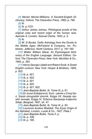 110
[4] Monier Monier-Williams, A Sanskrit-English Di-
ctionary; Oxford, The Clarendon Press, 1960, p. 790.
[5] Ib.
[6] Ib. p.1331.
[7] Arthur James Johnes, Philological proofs of the
original unity and recent origin of the human race,
Apendix A; London: Samuel Clarke, 1843, p. 5.
[8] Ib.
[9] M. G Boutet, Celtic Astrology from the Druids to
the Middle Ages; McFarland & Company, Inc. Pu-
blisher, Jefferson, North Carilona, 2017, p. 191-192.
[10] Walter William Skeat, An Etymological Dicti-
onary of the English Language, Second Edition; Ox-
ford: The Clarendon Press, New York: Mcmillan & Co.,
1893, p. 353.
[11] Henry George Liddell and Robert Scott, A Greek
English Lexicon; New York: Harper & Brothers, 1883,
p. 922.
[12] Ib. p. 921.
[13] Ib. p. 922.
[14] Ib. p. 921
[15] Ib. p. 922.
[16] Ib. p. 921, 922.
[17] Jean-Baptiste Bullet, Ib. Tome III, p, 61.
[18] Dr Jovan Erdeljanović, Kuči – pleme u Crnoj Go-
ri, Srpski etnografski zbornik, Knjiga VII, Naselja srp-
skih zemalja, Knjiga IV, Državna štamparija kraljevine
Srbije, Beograd, 1907, str. 41
[19] Jean-Baptiste Bullet, Ib. Tome III, p. 83.
[20] Laurence Austine Waddell, The Aryan Origin of
the Alphabet, London, Luzak & Co., 1927, Plate I.
[21] Jean-Baptiste Bullet, Tome II, p.
[22] Ib. p. 336.
[23] Ib. p. 180.
 