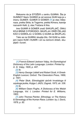 12
Rekosmo da je STOŽER u centru GUMNA. Šta je
GUMNO? Naziv GUMNO je od osnove GUM koja je u
imenu GUMER: GUMER ili GOMER [7] je otac Aške-
naza, pretka Skita, te Togarme, pretka Kimera, kasnije
nazvanih Kelti, tj. otac Tračana ili Ilira.
Ime GUMIR ili GOMER znači SAKUPLJAČ, ONAJ
KOJI BRINE O PORODICI, SKUPLJA I DRŽI ČELJAD
KAO U GOMOLJU, U GOMILI (i GUMA se SKUPLJA).
Tako se na GUMNU skuplja žito. Od GUM su dobi-
jeni nazivi KUM i KUMIR i oni su duhovni držači, sku-
pljači i čuvari.
.........................
[1] Francis Edward Jackson Valpy, An Etymological
Dictionary of the Latin Language; London: Printed by
A. G. Valpy, 1828, p. 447.
[2] Ib.
[3] Henry George Liddell and Robert Scott, A Greek-
English Lexicon; Oxford: The Clarendom Press, 1869,
p. 1501.
[4] Petar Skok, Etimologijski rječnik hrvatskoga ili
srpskoga jezika, Knjiga I; JAZU, Zagreb, 1973, str. 336.
[5] Ib.
[6] William Owen Pughe, A Dictionary of the Welsh
Language, Vol. I; London: Printed for E. Williams,
1803.
[7] John Thomas Painter, Ethnology: or The History
& Genealogy of the Human Race; London: by J. Davis,
1879, p. 82.
 