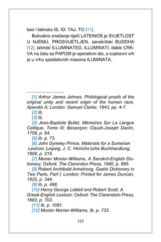 122
kao i latinsko IS, ID: TAJ, TO [11].
Bukvalno značenje riječi LATEINOS je SVJETLOST
U NJEMU, PROSVIJETLJEN, sanskritski BUDDHA
[12], latinski ILLUMINATED, ILLUMINATI, dakle CRK-
VA na čelu sa PAPOM je operativni dio, a svjetovni vrh
je u vrhu speklativnih masona ILUMINATA.
..............................
[1] Arthur James Johnes, Philological proofs of the
original unity and recent origin of the human race,
Apendix A; London: Samuel Clarke, 1843, pp. 4-7.
[2] Ib.
[3] Ib.
[4] Jean-Baptiste Bullet, Mémoires Sur La Langue
Celtique, Tome III; Besançon: Claudi-Joseph Daclin,
1759, p. 64.
[5] Ib. p. 73.
[6] John Dyneley Prince, Materials for a Sumerian
Lexicon; Leipzig, J. C. Hinrichs’sche Buchhandlung,
1908, p. 215.
[7] Monier Monier-Williams, A Sanskrit-English Dic-
tionary; Oxford, The Clarendon Press, 1960, p. 895.
[8] Robert Archibald Armstrong, Gaelic Dictionary in
Two Parts, Part I; London: Printed for James Duncan,
1825, p. 344.
[9] Ib. p. 498.
[10] Henry George Liddell and Robert Scott, A
Greek-English Lexicon; Oxford: The Clarendom Press,
1883, p. 703.
[11] Ib. p. 1081.
[12] Monier Monier-Williams, Ib. p. 733.
 