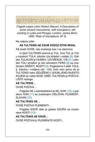 134
Frigijski natpis (John Robert Steuart, A Description of
some ancient monuments, with inscriptions, still
existing in Lydia and Phrygia; London: James Bohn,
1842, Plate of Inscriptions, Νº 3).
Na natpisu piše:
AS TULTENIS AE ESUR ZOZOZ IOTIN IROAL
AS znači OVDE, isto značenje kao i na stećcima.
U riječi TULTENIS osnova je TUL. Ovo TUL je TUL
u srpskom TÚLA, tobolac (za strijele) i vodijer [6]. Gal-
sko TULACAN je HUMKA, UZVIŠENJE, VIS [7]. Latin-
sko TŬLI smislom je isto latinskom FERO [8] sa zna-
čenjem DRŽATI, NOSITI [9]. Pogledamo li oblik TÚLE,
tj. tobolca i vodijera (str. 133), biće nam jasno da je
TULTENIS neko IZDUŽENO I UDUBLJENO MJESTO
KOJEM se nešto NOSI, DRŽI: TULTENIS je POČIVA-
LIŠTE nečega:
AS TULTENIS…
OVDE POČIVA…
Frigijsko AE u starokeltskom je AE, AON [10], u gal-
skom AON [11] sa značenjem ODLIČAN, PLEMENIT,
SLAVAN [12]:
AS TULTENIS AE…
OVDE POČIVA PLEMENITI…
Frigijsko ESUR dalo je galsko EZURA sa znače-
njem KOSTI [13]:
AS TULTENIS AE ESUR…
OVDE POČIVAJU PLEMENITE KOSTI…
 