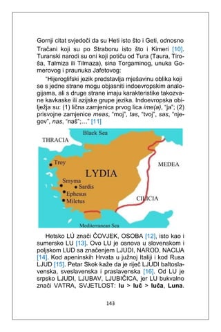 143
Gornji citat svjedoči da su Heti isto što i Geti, odnosno
Tračani koji su po Strabonu isto što i Kimeri [10].
Turanski narodi su oni koji potiču od Tura (Taura, Tiro-
ša, Talmiza ili Tilmaza), sina Torgaminog, unuka Go-
merovog i praunuka Jafetovog:
“Hijeroglifski jezik predstavlja mješavinu oblika koji
se s jedne strane mogu objasniti indoevropskim analo-
gijama, ali s druge strane imaju karakteristike takozva-
ne kavkaske ili azijske grupe jezika. Indoevropska obi-
lježja su: (1) lična zamjenica prvog lica ime(a), “ja”; (2)
prisvojne zamjenice meas, “moj”, tas, “tvoj”, sas, “nje-
gov”, nas, “naš”;…” [11]
Hetsko LÚ znači ČOVJEK, OSOBA [12], isto kao i
sumersko LU [13]. Ovo LU je osnova u slovenskom i
poljskom LUD sa značenjem LJUDI, NAROD, NACIJA
[14]. Kod apeninskih Hrvata u južnoj Italiji i kod Rusa
LJUD [15]. Petar Skok kaže da je riječ LJUDI baltosla-
venska, sveslavenska i praslavenska [16]. Od LU je
srpsko LJUDI, LJUBAV, LJUBIČICA, jer LU bukvalno
znači VATRA, SVJETLOST: lu > luč > luča, Luna.
 