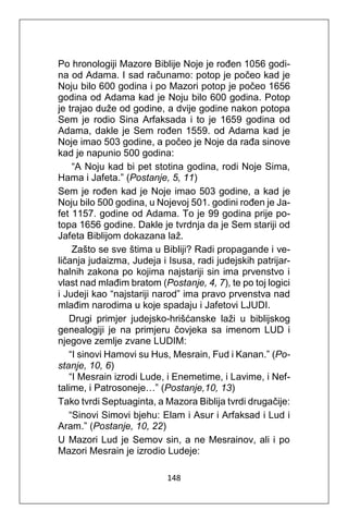 148
Po hronologiji Mazore Biblije Noje je rođen 1056 godi-
na od Adama. I sad računamo: potop je počeo kad je
Noju bilo 600 godina i po Mazori potop je počeo 1656
godina od Adama kad je Noju bilo 600 godina. Potop
je trajao duže od godine, a dvije godine nakon potopa
Sem je rodio Sina Arfaksada i to je 1659 godina od
Adama, dakle je Sem rođen 1559. od Adama kad je
Noje imao 503 godine, a počeo je Noje da rađa sinove
kad je napunio 500 godina:
“A Noju kad bi pet stotina godina, rodi Noje Sima,
Hama i Jafeta.” (Postanje, 5, 11)
Sem je rođen kad je Noje imao 503 godine, a kad je
Noju bilo 500 godina, u Nojevoj 501. godini rođen je Ja-
fet 1157. godine od Adama. To je 99 godina prije po-
topa 1656 godine. Dakle je tvrdnja da je Sem stariji od
Jafeta Biblijom dokazana laž.
Zašto se sve štima u Bibliji? Radi propagande i ve-
ličanja judaizma, Judeja i Isusa, radi judejskih patrijar-
halnih zakona po kojima najstariji sin ima prvenstvo i
vlast nad mlađim bratom (Postanje, 4, 7), te po toj logici
i Judeji kao “najstariji narod” ima pravo prvenstva nad
mlađim narodima u koje spadaju i Jafetovi LJUDI.
Drugi primjer judejsko-hrišćanske laži u biblijskog
genealogiji je na primjeru čovjeka sa imenom LUD i
njegove zemlje zvane LUDIM:
“I sinovi Hamovi su Hus, Mesrain, Fud i Kanan.” (Po-
stanje, 10, 6)
“I Mesrain izrodi Lude, i Enemetime, i Lavime, i Nef-
talime, i Patrosoneje…” (Postanje,10, 13)
Tako tvrdi Septuaginta, a Mazora Biblija tvrdi drugačije:
“Sinovi Simovi bjehu: Elam i Asur i Arfaksad i Lud i
Aram.” (Postanje, 10, 22)
U Mazori Lud je Semov sin, a ne Mesrainov, ali i po
Mazori Mesrain je izrodio Ludeje:
 
