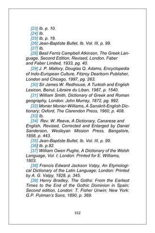 152
[23] Ib. p. 10.
[24] Ib.
[25] Ib. p. 19.
[26] Jean-Baptiste Bullet, Ib. Vol. III, p. 99.
[27] Ib.
[28] Basil Ferris Campbell Atkinson, The Greek Lan-
guage, Second Edition, Revised, London, Faber
and Faber Limited, 1933, pg. 40.
[29] J. P. Mallory, Douglas Q. Adams, Encyclopedia
of Indo-European Culture, Fitzroy Dearborn Publisher,
London and Chicago, 1997, pg. 263.
[30] Sir James W. Redhouse, A Turkish and English
Lexicon, Beirut, Libraire du Liban, 1987, p. 1540.
[31] William Smith, Dictionary of Greek and Roman
geography, London: John Murray, 1872, pg. 992.
[32] Monier Monier-Williams, A Sanskrit-English Dic-
tionary; Oxford, The Clarendon Press, 1960, p. 408.
[33] Ib.
[34] Rev. W. Reeve, A Dictionary, Canarese and
English, Revised, Corrected and Enlarged by Daniel
Sanderson, Wesleyan Mission Press, Bangalore,
1858, p. 443.
[35] Jean-Baptiste Bullet, Ib. Vol. III, p. 99.
[36] Ib. p.82.
[37] William Owen Pughe, A Dictionary of the Welsh
Language, Vol. I; London: Printed for E. Williams,
1803.
[38] Francis Edward Jackson Valpy, An Etymologi-
cal Dictionary of the Latin Language; London: Printed
by A. G. Valpy, 1828, p. 345.
[39] Henry Bradley, The Goths: From the Earliest
Times to the End of the Gothic Dominion in Spain;
Second edition, London: T. Fisher Unwin; New York:
G.P. Putman’s Sons, 1890, p. 369.
 