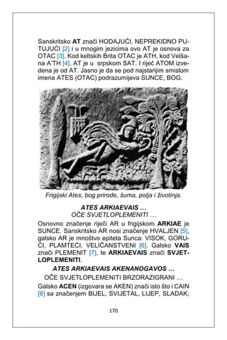 170
Sanskritsko AT znači HODAJUĆI, NEPREKIDNO PU-
TUJUĆI [2] i u mnogim jezicima ovo AT je osnova za
OTAC [3]. Kod keltskih Brita OTAC je ATH, kod Velša-
na A’TH [4]. AT je u srpskom SAT. I riječ ATOM izve-
dena je od AT. Jasno je da se pod najstarijim smislom
imena ATES (OTAC) podrazumijeva SUNCE, BOG.
Frigijski Ates, bog prirode, šuma, polja i životinja.
ATES ARKIAEVAIS …
OČE SVJETLOPLEMENITI …
Osnovno značenje riječi AR u frigijskom ARKIAE je
SUNCE. Sanskritsko AR nosi značenje HVALJEN [5],
galsko AR je mnoštvo epiteta Sunca: VISOK, GORU-
ĆI, PLAMTEĆI, VELIČANSTVENI [6]. Galsko VAIS
znači PLEMENIT [7], te ARKIAEVAIS znači SVJET-
LOPLEMENITI.
ATES ARKIAEVAIS AKENANOGAVOS …
OČE SVJETLOPLEMENITI BRZORAZIGRANI …
Galsko ACEN (izgovara se AKEN) znači isto što i CAIN
[8] sa značenjem BIJEL, SVIJETAL, LIJEP, SLADAK;
 