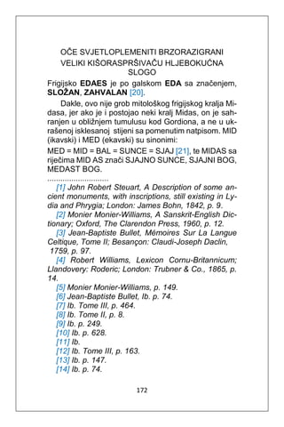 172
OČE SVJETLOPLEMENITI BRZORAZIGRANI
VELIKI KIŠORASPRŠIVAČU HLJEBOKUĆNA
SLOGO
Frigijsko EDAES je po galskom EDA sa značenjem,
SLOŽAN, ZAHVALAN [20].
Dakle, ovo nije grob mitološkog frigijskog kralja Mi-
dasa, jer ako je i postojao neki kralj Midas, on je sah-
ranjen u obližnjem tumulusu kod Gordiona, a ne u uk-
rašenoj isklesanoj stijeni sa pomenutim natpisom. MID
(ikavski) i MED (ekavski) su sinonimi:
MED = MID = BAL = SUNCE = SJAJ [21], te MIDAS sa
riječima MID AS znači SJAJNO SUNCE, SJAJNI BOG,
MEDAST BOG.
............................
[1] John Robert Steuart, A Description of some an-
cient monuments, with inscriptions, still existing in Ly-
dia and Phrygia; London: James Bohn, 1842, p. 9.
[2] Monier Monier-Williams, A Sanskrit-English Dic-
tionary; Oxford, The Clarendon Press, 1960, p. 12.
[3] Jean-Baptiste Bullet, Mémoires Sur La Langue
Celtique, Tome II; Besançon: Claudi-Joseph Daclin,
1759, p. 97.
[4] Robert Williams, Lexicon Cornu-Britannicum;
Llandovery: Roderic; London: Trubner & Co., 1865, p.
14.
[5] Monier Monier-Williams, p. 149.
[6] Jean-Baptiste Bullet, Ib. p. 74.
[7] Ib. Tome III, p. 464.
[8] Ib. Tome II, p. 8.
[9] Ib. p. 249.
[10] Ib. p. 628.
[11] Ib.
[12] Ib. Tome III, p. 163.
[13] Ib. p. 147.
[14] Ib. p. 74.
 