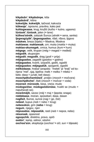 182
kikpāsân'; kikpāsănpe, kiša
kikpāsănā', kišno
kokwöjāe, kokwöjik, tačnost; kakvoća
kökwoje', ispravno, pravilno, kako jest
kuhtogwaase, krug; kružiti (kutho = kutno, ugaono)
lŭntook'; lŭntook, jelen (≈ lane)
kŭlkwa'sĕnĕk, zalazak Sunca (sĕnĕk ≈ sena, senka)
Ijegwagŭyâk'; Ijegwagaadoo, rđati, rđavo, ljigavo
măskwe, breza (bijelo) > Maskva, Moskva
maktawae; maktawaak, crn; muka (makta > muka)
maktao-okumegek, crnica, humus (kum ≈ hum)
mĕgege, velik, krupan (mĕg > meged > međed)
mĕgodik, skupocjen
mĕgodit; megodik, drag (godi = prija)
mĕjegaadoo, zagaditi (gaadoo = gadno)
mĕjegaadoo, kvariti, izopačiti, gaditi, ogaditi
mĕjegaadoo; mĕjegaalŭk, opoganiti, ogaditi
mĕlkedaase, hrabar (arapsko “melek” je “kralj” od ko-
rijena “mel”, sjaj, bjelina: melk > melko > mleko =
belo; dasa = junak; beli dasa);
moochpĕkchamkāwā', proljev (mooch = močvara)
moochpĕkchei', litati (mooch = močvar = voda)
mooned; mŭnoode, kesa, vreća; mudo
mŭdogwŏlse; mŭdogwŏdŭmăse, hvaliti se (mudo =
napuhavati se);
mowömăjik, savez (măj = maj = ljepota; snaga)
nādădaase, moćan, sposoban; dasa, dasan
nagδsit, Sunce, sunce (nag = go, čist)
nebeel, kupus (neb > nebo = krug)
nebesokŭn, grm (nebo = krug)
negum, njegov, njen
nĕpsaadoo, nĕpsaalŭk, rasti (neb > nepce, nebo)
nĕsanaak, opasnost
ogoopchik, direktno, pravo, opiči
oodŭn', kamp, odmor, oduhni
oochoo'sŭn, eksplozija (oochoo' ≈ oči; sun = bljesak)
 