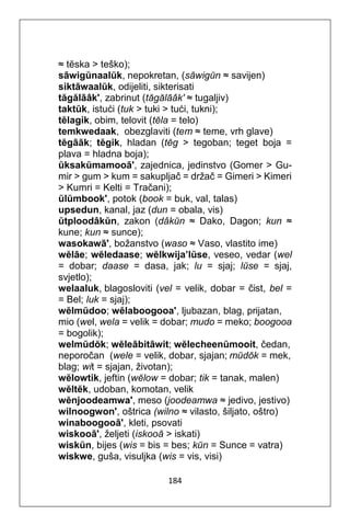 184
≈ tĕska > teško);
sāwigŭnaalŭk, nepokretan, (sāwigŭn ≈ savijen)
siktāwaalŭk, odijeliti, sikterisati
tăgălāâk', zabrinut (tăgălāâk' ≈ tugaljiv)
taktŭk, istući (tuk > tuki > tući, tukni);
tĕlagik, obim, telovit (tĕla = telo)
temkwedaak, obezglaviti (tem ≈ teme, vrh glave)
tĕgāāk; tĕgik, hladan (tĕg > tegoban; teget boja =
plava = hladna boja);
ŭksakŭmamooā', zajednica, jedinstvo (Gomer > Gu-
mir > gum > kum = sakupljač = držač = Gimeri > Kimeri
> Kumri = Kelti = Tračani);
ŭlŭmbook', potok (book = buk, val, talas)
upsedun, kanal, jaz (dun = obala, vis)
ŭtploodâkŭn, zakon (dâkŭn ≈ Dako, Dagon; kun ≈
kune; kun ≈ sunce);
wasokawā', božanstvo (waso ≈ Vaso, vlastito ime)
wĕlāe; wĕledaase; wĕlkwija’lŭse, veseo, vedar (wel
= dobar; daase = dasa, jak; lu = sjaj; lŭse = sjaj,
svjetlo);
welaaluk, blagosloviti (vel = velik, dobar = čist, bel =
= Bel; luk = sjaj);
wĕlmŭdoo; wĕlaboogooa', ljubazan, blag, prijatan,
mio (wel, wela = velik = dobar; mudo = meko; boogooa
= bogolik);
welmŭdŏk; wĕleābitāwit; wĕlecheenŭmooit, čedan,
neporočan (wele = velik, dobar, sjajan; mŭdŏk = mek,
blag; wit = sjajan, životan);
wĕlowtik, jeftin (wĕlow = dobar; tik = tanak, malen)
wĕltĕk, udoban, komotan, velik
wĕnjoodeamwa', meso (joodeamwa ≈ jedivo, jestivo)
wilnoogwon', oštrica (wilno ≈ vilasto, šiljato, oštro)
winaboogooā', kleti, psovati
wiskooā', željeti (iskooā > iskati)
wiskŭn, bijes (wis = bis = bes; kŭn = Sunce = vatra)
wiskwe, guša, visuljka (wis = vis, visi)
 