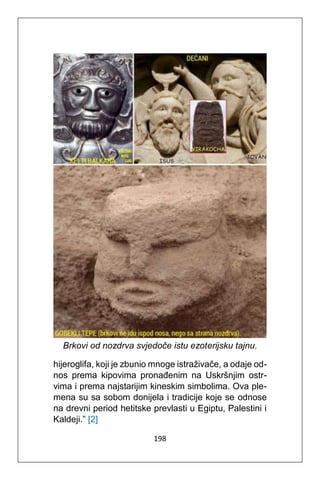 198
Brkovi od nozdrva svjedoče istu ezoterijsku tajnu.
hijeroglifa, koji je zbunio mnoge istraživače, a odaje od-
nos prema kipovima pronađenim na Uskršnjim ostr-
vima i prema najstarijim kineskim simbolima. Ova ple-
mena su sa sobom donijela i tradicije koje se odnose
na drevni period hetitske prevlasti u Egiptu, Palestini i
Kaldeji.” [2]
 