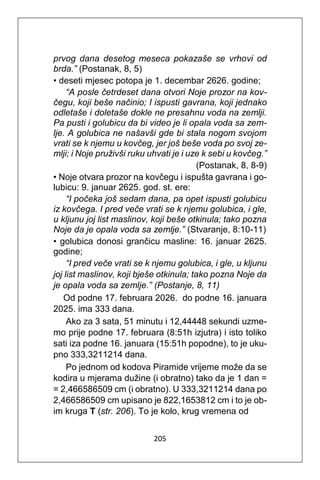 205
prvog dana desetog meseca pokazaše se vrhovi od
brda.” (Postanak, 8, 5)
• deseti mjesec potopa je 1. decembar 2626. godine;
“A posle četrdeset dana otvori Noje prozor na kov-
čegu, koji beše načinio; I ispusti gavrana, koji jednako
odletaše i doletaše dokle ne presahnu voda na zemlji.
Pa pusti i golubicu da bi video je li opala voda sa zem-
lje. A golubica ne našavši gde bi stala nogom svojom
vrati se k njemu u kovčeg, jer još beše voda po svoj ze-
mlji; i Noje pruživši ruku uhvati je i uze k sebi u kovčeg.”
(Postanak, 8, 8-9)
• Noje otvara prozor na kovčegu i ispušta gavrana i go-
lubicu: 9. januar 2625. god. st. ere:
“I počeka još sedam dana, pa opet ispusti golubicu
iz kovčega. I pred veče vrati se k njemu golubica, i gle,
u kljunu joj list maslinov, koji beše otkinula; tako pozna
Noje da je opala voda sa zemlje.” (Stvaranje, 8:10-11)
• golubica donosi grančicu masline: 16. januar 2625.
godine;
“I pred veče vrati se k njemu golubica, i gle, u kljunu
joj list maslinov, koji bješe otkinula; tako pozna Noje da
je opala voda sa zemlje.” (Postanje, 8, 11)
Od podne 17. februara 2026. do podne 16. januara
2025. ima 333 dana.
Ako za 3 sata, 51 minutu i 12,44448 sekundi uzme-
mo prije podne 17. februara (8:51h izjutra) i isto toliko
sati iza podne 16. januara (15:51h popodne), to je uku-
pno 333,3211214 dana.
Po jednom od kodova Piramide vrijeme može da se
kodira u mjerama dužine (i obratno) tako da je 1 dan =
= 2,466586509 cm (i obratno). U 333,3211214 dana po
2,466586509 cm upisano je 822,1653812 cm i to je ob-
im kruga T (str. 206). To je kolo, krug vremena od
 