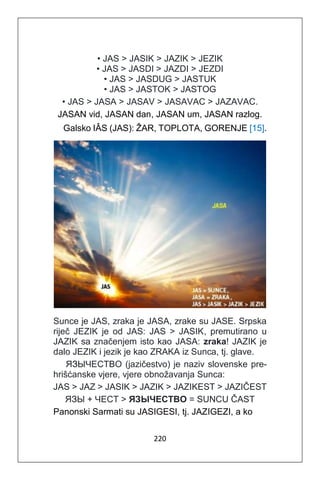 220
• JAS > JASIK > JAZIK > JEZIK
• JAS > JASDI > JAZDI > JEZDI
• JAS > JASDUG > JASTUK
• JAS > JASTOK > JASTOG
• JAS > JASA > JASAV > JASAVAC > JAZAVAC.
JASAN vid, JASAN dan, JASAN um, JASAN razlog.
Galsko IÂS (JAS): ŽAR, TOPLOTA, GORENJE [15].
Sunce je JAS, zraka je JASA, zrake su JASE. Srpska
riječ JEZIK je od JAS: JAS > JASIK, premutirano u
JAZIK sa značenjem isto kao JASA: zraka! JAZIK je
dalo JEZIK i jezik je kao ZRAKA iz Sunca, tj. glave.
ЯЗЫЧЕСTBO (jazičestvo) je naziv slovenske pre-
hrišćanske vjere, vjere obnožavanja Sunca:
JAS > JAZ > JASIK > JAZIK > JAZIKEST > JAZIČEST
ЯЗЫ + ЧЕСТ > ЯЗЫЧЕСТBO = SUNCU ČAST
Panonski Sarmati su JASIGESI, tj. JAZIGEZI, a ko
 
