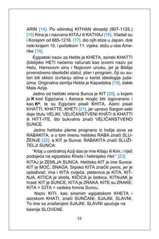 23
ARIN [14]. Po sibirskoj KITHAN dinastiji (907-1125.)
[15] Kina je i nazvana KITAJ ili KATHAJ [16]. Vladali su
i Korejom od 685-1216. [17], dio njih stize u Japan, dok
neki krajem 10. i početkom 11. vijeka. stižu u obe Ame-
rike [18].
Egipatski naziv za Hetite je KHETA, asirski KHATTI
(biblijsko HETI nećemo računati kao izvorni naziv po
Hetu, Hamovom sinu i Nojevom unuku, jer je Biblija
prvenstveno ideološki statut, plan i program, čiji su au-
tori bili skloni izvrtanju istine u korist ideologije juda-
izma. Originalna zemlja Hetita je Kapadokia [19], dakle
Mala Azija.
Jedno od hetitski imena Sunca je KIT [20], u kojem
je K kod Egipćana i Asiraca moglo biti izgovarano i
kao Kᴴ, te su Egipćani pisali KHITA, Asirci pisali
KHATTI, KHATTE, KHETI [21], jer upravo Sargon sebi
daje titulu VELIKI, VELIČANSTVENI KHĀTI ili KHATTI
ili HITT-ITE, što bukvalno znači VELIČANSTVENO
SUNCE
Jedno hetitsko pleme prognano iz Indije zove se
RABAKITA, a u tom imenu hetitsko RABA znači SLU-
ŽENJE [22], a KIT je Sunce: RABAKITA znači SLUŽI-
TELJI SUNCA:
“Kitaj u centralnoj Aziji dao je ime Kitaju ili Kini, i riječ
podsjeća na egipatsko Kheta i hebrejsko Het.” [23]
KITAJ je ZEMLJA SUNCA. Hetitsko KIT je ime Sunca:
KIT je MOĆ, SNAGA. Srpsko KITA značiti penis, jer je
oplođivač; ima i KITA cvijeća, pletenica je KITA, KIT-
NJA, KITICA je strofa, KIČICA je četkica, KITNJAK je
hrast: KIT je SUNCE, KITA je ZRAKA, KITE su ZRAKE:
KITA > GITA = vedska himna Suncu.
Naziv KITI, kao sinonim egipatskom KHETA i
asirskom KHATI, znači SUNČANI, SJAJNI, SLAVNI.
To ime sa značenjem SJAJNI, SLAVNI upućuje na
kasnije SLOVENE.
 