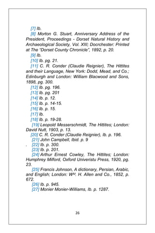 26
[7] Ib.
[8] Morton G. Stuart, Anniversary Address of the
President, Proceedings - Dorset Natural History and
Archaeological Society, Vol. XIII; Docrchester: Printed
at The “Dorset County Chronicle”, 1892, p. 20.
[9] Ib.
[10] Ib. pg. 21.
[11] C. R. Conder (Claudie Reignier), The Hittites
and their Language, New York: Dodd, Mead, and Co.;
Edinburgh and London: William Blacwood and Sons,
1898, pg. 300.
[12] Ib. pg. 196.
[13] Ib. pg. 201
[14] Ib. p. 12.
[15] Ib. p. 14-15.
[16] Ib. p. 15.
[17] Ib.
[18] Ib. p. 19-28.
[19] Leopold Messerschmidt, The Hittites; London:
David Nutt, 1903, p. 13.
[20] C. R. Conder (Claudie Reignier), Ib. p. 196.
[21] John Campbell, Ibid. p. 9
. [22] Ib. p. 300.
[23] Ib. p. 201.
[24] Arthur Ernest Cowley, The Hittites; London:
Humphrey Milford, Oxford Univeristu Press, 1920, pg.
23.
[25] Francis Johnson, A dictionary, Persian, Arabic,
and English; London: Wᴹ. H. Allen and Co., 1852, p.
672.
[26] Ib. p. 945.
[27] Monier Monier-Williams, Ib. p. 1287.
 