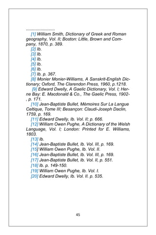 45
........................
[1] William Smith, Dictionary of Greek and Roman
geography, Vol. II; Boston: Little, Brown and Com-
pany, 1870, p. 389.
[2] Ib.
[3] Ib.
[4] Ib.
[5] Ib.
[6] Ib.
[7] Ib. p. 367.
[8] Monier Monier-Williams, A Sanskrit-English Dic-
tionary; Oxford, The Clarendon Press, 1960, p.1218.
[9] Edward Dwelly, A Gaelic Dictionary, Vol. I; Her-
ne Bay: E. Macdonald & Co., The Gaelic Press, 1902-
, p. 171.
[10] Jean-Baptiste Bullet, Mémoires Sur La Langue
Celtique, Tome III; Besançon: Claudi-Joseph Daclin,
1759, p. 169.
[11] Edward Dwelly, Ib. Vol. II; p. 666.
[12] William Owen Pughe, A Dictionary of the Welsh
Language, Vol. I; London: Printed for E. Williams,
1803.
[13] Ib.
[14] Jean-Baptiste Bullet, Ib. Vol. III, p. 169.
[15] William Owen Pughe, Ib. Vol. II.
[16] Jean-Baptiste Bullet, Ib. Vol. III, p. 169.
[17] Jean-Baptiste Bullet, Ib. Vol. II, p. 551.
[18] Ib. p. 149-150.
[19] William Owen Pughe, Ib. Vol. I.
[20] Edward Dwelly, Ib. Vol. II. p. 535.
 