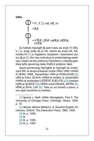 52
VIRA
Za hetitski hijeroglif ⦶ jedni kažu da znači VI (WI),
V i U, drugi misle da je HA, četvrti da znači HA, HE,
možda HI [1] (u frigijskom, karijskom i rasenskom pis-
mu ⦶ je V). Oni nisu znali da je to simbol ljetnog solsti-
cija u kojem se oko podneva Vidovdana u najvišoj godi-
šnjoj tački sjevernog neba DIJELE proljeće i ljeto.
Ispod pomenutog hijeroglifa je hijeroglif sa znače-
njem RA, te skupa prikazani znače VIRA, URA i HARA
ili HERA, HIRA. Sanskritsko VIRA je POGLAVAR [2];
URA je SJAJ, SLAVA; HARA je vedsko, tj. sanskritsko
HARA sa značenjem LEŽIŠTE; DJELITELJ [3] (vedsko
HARI je SUNCE [4]); HERA znači KRUNA, MITRA [5],
HĪRA je ŠIVA, LAV [6]. Tako su svi tumači u pravu, a
ove riječi sanskrita su hetitske.
........................
[1] Ignace J. Gelb, Hittite Hieroglyphs, Part II, The
University of Chicago Press, Chichago, Illinois, 1935,
p. 16.
[2] Monier Monier-Williams, A Sanskrit-English Di-
ctionary; Oxford, The Clarendon Press, 1960, 1005.
[3] Ib. p. 1289.
[4] Ib.
[5] Ib. p. 1305.
[6] Ib. p. 1300.
 
