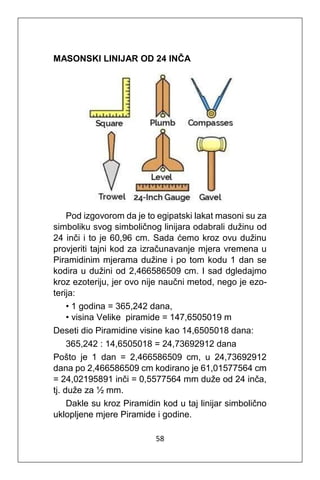 58
MASONSKI LINIJAR OD 24 INČA
Pod izgovorom da je to egipatski lakat masoni su za
simboliku svog simboličnog linijara odabrali dužinu od
24 inči i to je 60,96 cm. Sada ćemo kroz ovu dužinu
provjeriti tajni kod za izračunavanje mjera vremena u
Piramidinim mjerama dužine i po tom kodu 1 dan se
kodira u dužini od 2,466586509 cm. I sad dgledajmo
kroz ezoteriju, jer ovo nije naučni metod, nego je ezo-
terija:
• 1 godina = 365,242 dana,
• visina Velike piramide = 147,6505019 m
Deseti dio Piramidine visine kao 14,6505018 dana:
365,242 : 14,6505018 = 24,73692912 dana
Pošto je 1 dan = 2,466586509 cm, u 24,73692912
dana po 2,466586509 cm kodirano je 61,01577564 cm
= 24,02195891 inči = 0,5577564 mm duže od 24 inča,
tj. duže za ½ mm.
Dakle su kroz Piramidin kod u taj linijar simbolično
uklopljene mjere Piramide i godine.
 
