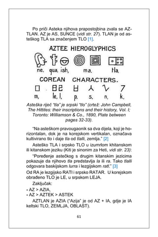 61
Po priči Asteka njihova prapostojbina zvala se AZ-
TLAN. AZ je AS, SUNCE (vidi str. 27). TLAN je od as-
teškog TLA sa značenjem TLO [1].
Asteška riječ “tla” je srpski “tlo” (crtež: John Campbell,
The Hittites: their inscriptions and their history, Vol. I;
Toronto: Williamson & Co., 1890, Plate between
pages 32-33).
“Na asteškom pravougaonik sa dva dijela, koji je ho-
rizontalan, dok je na korejskom vertikalan, označava
kultivirano tlo i daje tla od tlalli, zemlja.” [2]
Asteško TLA i srpsko TLO u izumrlom khitanskom
ili kitanskom jeziku (Kiti je sinonim za Heti, vidi str. 23):
“Poređenje astečkog s drugim kitanskim jezicima
pokazuje da njihovo tla predstavlja la ili ra. Tako tlalli
odgovara baskijskom lurra i lezgijskom ratl.” [3]
Od RA je lezgijsko RATl i srpsko RATAR. U korejskom
obrađeno TLO je LE, u srpskom LEJA.
Zaključak:
- AZ > AZIA,
- AZ > AZTEK > ASTEK
AZTLAN je AZIA (“Azija” je od AZ + IA, gdje je IA
keltski TLO, ZEMLJA, OBLAST).
 