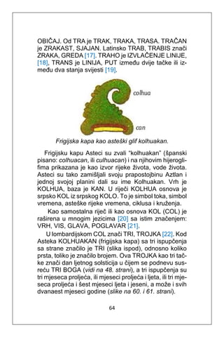 64
OBIČAJ. Od TRA je TRAK, TRAKA, TRASA. TRAČAN
je ZRAKAST, SJAJAN. Latinsko TRAB, TRABIS znači
ZRAKA, GREDA [17]. TRAHO je IZVLAČENJE LINIJE,
[18], TRANS je LINIJA, PUT između dvije tačke ili iz-
među dva stanja svijesti [19].
Frigijska kapa kao asteški glif kolhuakan.
Frigijsku kapu Asteci su zvali “kolhuakan” (španski
pisano: colhuacan, ili culhuacan) i na njihovim hijerogli-
fima prikazana je kao izvor rijeke života, vode života.
Asteci su tako zamišljali svoju prapostojbinu Aztlan i
jednoj svojoj planini dali su ime Kolhuakan. Vrh je
KOLHUA, baza je KAN. U riječi KOLHUA osnova je
srpsko KOL iz srpskog KOLO. To je simbol toka, simbol
vremena, asteške rijeke vremena, ciklusa i kruženja.
Kao samostalna riječ ili kao osnova KOL (COL) je
raširena u mnogim jezicima [20] sa istim značenjem:
VRH, VIS, GLAVA, POGLAVAR [21].
U lombardijskom COL znači TRI, TROJKA [22]. Kod
Asteka KOLHUAKAN (frigijska kapa) sa tri ispupčenja
sa strane značilo je TRI (slika ispod), odnosno koliko
prsta, toliko je značilo brojem. Ova TROJKA kao tri tač-
ke znači dan ljetnog solsticija u čijem se podnevu sus-
reću TRI BOGA (vidi na 48. strani), a tri ispupčenja su
tri mjeseca proljeća, ili mjeseci proljeća i ljeta, ili tri mje-
seca proljeća i šest mjeseci ljeta i jeseni, a može i svih
dvanaest mjeseci godine (slike na 60. i 61. strani).
 