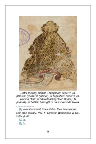 66
Ljetni solsticij: planina Tepeyacac: “tepe” = vis,
planina; “yacac” je “jačina”), ili Tepetitlan: “tepe” = vis,
planina; “titla” je od tračanskog “tita”, Sunce). U
podnožju je hetitski hijeroglif SI na izvoru vode života.
........................
[1] John Campbell, The Hittites: their inscriptions
and their history, Vol. I; Toronto: Williamson & Co.,
1890, p. 34
[2] Ib.
[3] Ib.
 