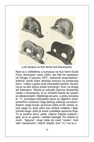 71
Lule (lampe) sa Kuk farme kod Davenporta.
Radi se o artifaktima iz tumulusa na Kuk farmi (Cook
Farm, Davenport, Iowa, USA), oko 200 km zapadano
od Čikaga. U januaru 1877., luteranski propovjednik i
antikvar Jacob Gass istražuje tumulus na pomenutoj
farmi i nalazi u grobu dvije krečnjačke pločice. Na jed-
noj je na obe strane prikaz kremacije i lova, na drugoj
dio kalendara. Otkriće je uzbudilo članove Akademije
nauka u Davenportu, te su ohrabrili Gassa da nastavi
sa otkopavanjem. Sljedećeg januara, u grobu tumulisa
br. 11, pronalaze krečnjačku ploču sa reljefnim antro-
pomorfnim prikazom boga ljetnog solsticija sa lukom i
žezlom, boga munja i gromova (slika na 65. strani). Iz-
nad njega su dvije ptice kao simboli proljeća i ljeta.
Između boga i ptica je kraća i podeblja uspravna linija.
To je sredina dana, pode, vrijeme smjene proljeća i
ljeta, ali je to ujedno i hetitski hijeroglif. Po nekima to
znači “tarpuna”, drugi misle da znači “visoko”, treći
vele “visočanstvo”, četvrti “skiptar, tron” [4]. I svi su u
 