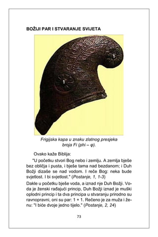 73
BOŽIJI PAR I STVARANJE SVIJETA
Frigijska kapa u znaku zlatnog presjeka
broja Fi (phi – φ).
Ovako kaže Biblija:
"U početku stvori Bog nebo i zemlju. A zemlja bješe
bez obličja i pusta, i bješe tama nad bezdanom; i Duh
Božji dizaše se nad vodom. I reče Bog: neka bude
svjetlost. I bi svjetlost." (Postanje, 1, 1-3)
Dakle u početku bješe voda, a iznad nje Duh Božji. Vo-
da je ženski rađajući princip, Duh Božji iznad je muški
oplodni princip i ta dva principa u stvaranju prirodno su
ravnopravni, oni su par: 1 + 1. Rečeno je za muža i že-
nu: "I biće dvoje jedno tijelo." (Postanje, 2, 24)
 