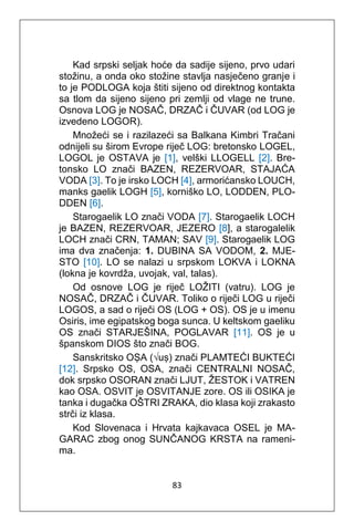 83
Kad srpski seljak hoće da sadije sijeno, prvo udari
stožinu, a onda oko stožine stavlja nasječeno granje i
to je PODLOGA koja štiti sijeno od direktnog kontakta
sa tlom da sijeno sijeno pri zemlji od vlage ne trune.
Osnova LOG je NOSAČ, DRZAČ i ČUVAR (od LOG je
izvedeno LOGOR).
Množeći se i razilazeći sa Balkana Kimbri Tračani
odnijeli su širom Evrope riječ LOG: bretonsko LOGEL,
LOGOL je OSTAVA je [1], velški LLOGELL [2]. Bre-
tonsko LO znači BAZEN, REZERVOAR, STAJAĆA
VODA [3]. To je irsko LOCH [4], armorićansko LOUCH,
manks gaelik LOGH [5], korniško LO, LODDEN, PLO-
DDEN [6].
Starogaelik LO znači VODA [7]. Starogaelik LOCH
je BAZEN, REZERVOAR, JEZERO [8], a starogalelik
LOCH znači CRN, TAMAN; SAV [9]. Starogaelik LOG
ima dva značenja: 1. DUBINA SA VODOM, 2. MJE-
STO [10]. LO se nalazi u srpskom LOKVA i LOKNA
(lokna je kovrdža, uvojak, val, talas).
Od osnove LOG je riječ LOŽITI (vatru). LOG je
NOSAČ, DRZAČ i ČUVAR. Toliko o riječi LOG u riječi
LOGOS, a sad o riječi OS (LOG + OS). OS je u imenu
Osiris, ime egipatskog boga sunca. U keltskom gaeliku
OS znači STARJEŠINA, POGLAVAR [11]. OS je u
španskom DIOS što znači BOG.
Sanskritsko OṢA (√uṣ) znači PLAMTEĆI BUKTEĆI
[12]. Srpsko OS, OSA, znači CENTRALNI NOSAČ,
dok srpsko OSORAN znači LJUT, ŽESTOK i VATREN
kao OSA. OSVIT je OSVITANJE zore. OS ili OSIKA je
tanka i dugačka OŠTRI ZRAKA, dio klasa koji zrakasto
strči iz klasa.
Kod Slovenaca i Hrvata kajkavaca OSEL je MA-
GARAC zbog onog SUNČANOG KRSTA na rameni-
ma.
 