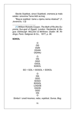 91
Slavite Svjetlost, sinovi Svjetlosti, vremena je malo
ostalo i sinovima Tame bliži se kraj:
"Bog je svjetlost i tame u njemu nema nikakve!" (1.
Jovanova, 1,5)
........................................
[1] William Ricketts Cooper, The Myth of Ra (the Su-
preme Sun-god of Egypt); London: Hardwicke & Bo-
gue; Edinburgh: McLaren & McNiven; Dublin: W. Ri-
dings; Paris: Galignani & Co., 1877, p. 38.
SOKOL
O
OG
OGN
OGAN
OGANJ
O
OG
OGO
OGOL
SOKOL
SO + GOL > SOGOL > SOKOL
O
OG
OGO
SOGO
SOGOL
LOGOS
OGOS
OGO
OG
O
Simbol ◊ znači kosmos, nebo, svjetlost, Sunce, Bog.
 