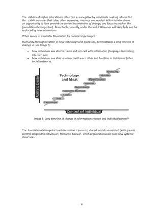 The stability of higher education is often cast as a negative by individuals seeking reform. Yet
this stability ensures that false, often expensive, missteps are avoided. Administrators have
an opportunity to look beyond the current instantiation of change, and focus instead on the
foundational change itself. Many tools currently under the web 2.0 banner will likely fade and be
replaced by new innovations.

What serves as a suitable foundation for considering change?

Humanity, through creation of new technology and processes, demonstrates a long timeline of
change in (see Image 5):

    •	 how individuals are able to create and interact with information (language, Gutenberg,
       Internet) and,
    •	 how individuals are able to interact with each other and function in distributed (often
       social) networks.




         Image 5: Long timeline of change in information creation and individual control46



The foundational change in how information is created, shared, and disseminated (with greater
control assigned to individuals) forms the basis on which organizations can build new systemic
structures.




                                                 
 