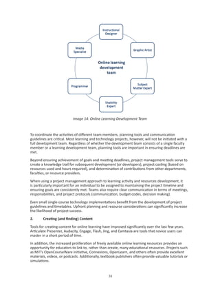 Image 14: Online Learning Development Team



To coordinate the activities of different team members, planning tools and communication
guidelines are critical. Most learning and technology projects, however, will not be initiated with a
full development team. Regardless of whether the development team consists of a single faculty
member or a learning development team, planning tools are important in ensuring deadlines are
met.

Beyond ensuring achievement of goals and meeting deadlines, project management tools serve to
create a knowledge trail for subsequent development (or developers), project costing (based on
resources used and hours required), and determination of contributions from other departments,
faculties, or resource providers.

When using a project management approach to learning activity and resources development, it
is particularly important for an individual to be assigned to maintaining the project timeline and
ensuring goals are consistently met. Teams also require clear communication in terms of meetings,
responsibilities, and project protocols (communication, budget codes, decision making).

Even small single-course technology implementations benefit from the development of project
guidelines and timetables. Upfront planning and resource considerations can significantly increase
the likelihood of project success.

2.      Creating (and finding) Content

Tools for creating content for online learning have improved significantly over the last few years.
Articulate Presenter, Audacity, Engage, Flash, Jing, and Camtasia are tools that novice users can
master in a short period of time.

In addition, the increased proliferation of freely available online learning resources provides an
opportunity for educators to link to, rather than create, many educational resources. Projects such
as MIT’s OpenCourseWare initiative, Connexions, OpenLearn, and others often provide excellent
materials, videos, or podcasts. Additionally, textbook publishers often provide valuable tutorials or
simulations.


                                                  
 