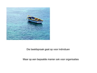 Die beeldspraak gaat op voor individuen 
Maar op een bepaalde manier ook voor organisaties 
 