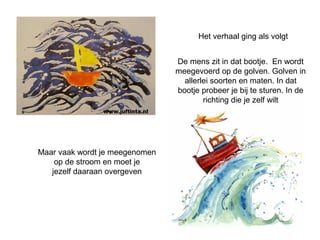 Het verhaal ging als volgt 
De mens zit in dat bootje. En wordt 
meegevoerd op de golven. Golven in 
allerlei soorten en maten. In dat 
bootje probeer je bij te sturen. In de 
richting die je zelf wilt 
Maar vaak wordt je meegenomen 
op de stroom en moet je 
jezelf daaraan overgeven 
 