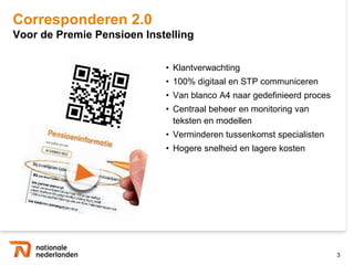 Corresponderen 2.0
Voor de Premie Pensioen Instelling


                            • Klantverwachting
                            • 100% digitaal en STP communiceren
                            • Van blanco A4 naar gedefinieerd proces
                            • Centraal beheer en monitoring van
                              teksten en modellen
                            • Verminderen tussenkomst specialisten
                            • Hogere snelheid en lagere kosten




                                                                       3
 
