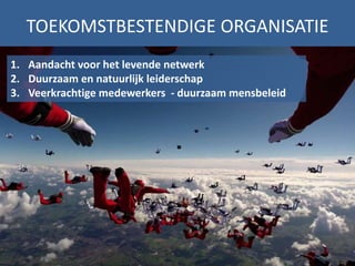 TOEKOMSTBESTENDIGE ORGANISATIE
1. Aandacht voor het levende netwerk
2. Duurzaam en natuurlijk leiderschap
3. Veerkrachtige medewerkers - duurzaam mensbeleid
 