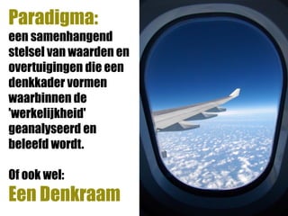 Paradigma:
een samenhangend
stelsel van waarden en
overtuigingen die een
denkkader vormen
waarbinnen de
'werkelijkheid'
geanalyseerd en
beleefd wordt.

Of ook wel:
Een Denkraam
 