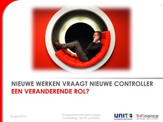 NIEUWE WERKEN VRAAGT NIEUWE CONTROLLER
EEN VERANDERENDE ROL?
18 april 2013
Casepresentatie jaarcongres
controlling / de 9+ controller
1
 