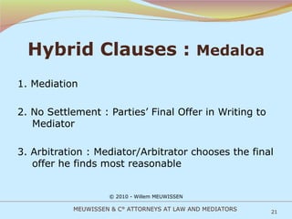 Hybrid Clauses :  Medaloa 1. Mediation 2. No Settlement : Parties’ Final Offer in Writing to Mediator 3. Arbitration : Mediator/Arbitrator chooses the final offer he finds most reasonable © 2010 - Willem MEUWISSEN MEUWISSEN & C° ATTORNEYS AT LAW AND MEDIATORS 