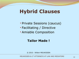 Hybrid Clauses Private Sessions (caucus) Facilitating / Directive Amiable Composition Tailor Made ! © 2010 - Willem MEUWISSEN MEUWISSEN & C° ATTORNEYS AT LAW AND MEDIATORS 