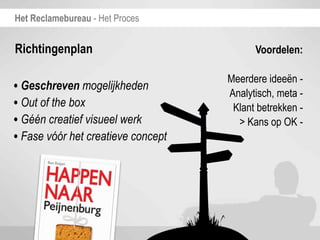 Het Reclamebureau - Het Proces


Richtingenplan                            Voordelen:

                                    Meerdere ideeën -
• Geschreven mogelijkheden          Analytisch, meta -
• Out of the box                     Klant betrekken -
• Géén creatief visueel werk          > Kans op OK -
• Fase vóór het creatieve concept
 