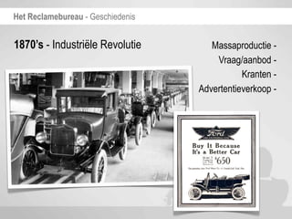 Het Reclamebureau - Geschiedenis


1870’s - Industriële Revolutie        Massaproductie -
                                       Vraag/aanbod -
                                              Kranten -
                                   Advertentieverkoop -
 