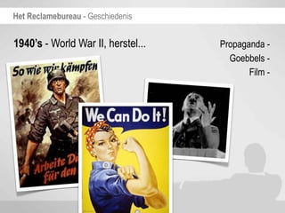 Het Reclamebureau - Geschiedenis


1940’s - World War II, herstel...   Propaganda -
                                      Goebbels -
                                           Film -
 