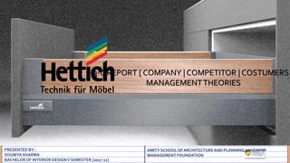 3-C REPORT [ COMPANY | COMPETITOR | COSTUMERS
MANAGEMENTTHEORIES
PRESENTED BY :
SOUMYA SHARMA
BACHELOR OF INTERIOR DESIGNV SEMESTER [2017-21]
AMITY SCHOOLOF ARCHITECTUREAND PLANNING,LUCKNOW
MANAGEMENT FOUNDATION
 