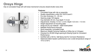 32
Onsys Hinge
Clip on concealed hinge with soft close mechanism ensures closed shutter every time
Features:
• Concealed hinge with clip on assembly
• Quality classification under EN 15570 Level 3
• For door thickness 14 – 25 mm
• Opening angle 105 degree
• Cup diameter 35 mm; Cup depth 11.5 mm
• Adjustments: Overlay +2 mm / -2 mm; Depth +2.5 mm / -1.5 mm
• Height adjustment at mounting plate
• Hinge arm & cup material – steel nickel plated
• Reliable Performance Assured
• Quick assembly, concealed hinge
• Maximum Weight Carrying Capacity of 22Kg (Up to 5 Hinges)
• Checked for 40,000 Hinge opening & Closing Cycle for Consistent
Performance
• Certified with a 40 hrs. Salt Spray test for Corrosion Resistance
• Optimized Silent System performance over a wide temperature range of
+5°C to 40°C
 
