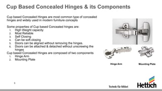 Cup Based Concealed Hinges & its Components
Cup based Concealed Hinges are most common type of concealed
hinges and widely used in modern furniture concepts
Some properties of Cup based Concealed hinges are:
1. High Weight capacity
2. Most Reliable
3. Self Closing
4. Can be soft closing
5. Doors can be aligned without removing the hinges.
6. Doors can be attached & detached without unscrewing the
hinges
Cup based Concealed Hinges are composed of two components
1. Hinge Arm
2. Mounting Plate
Hinge Arm Mounting Plate
5
 