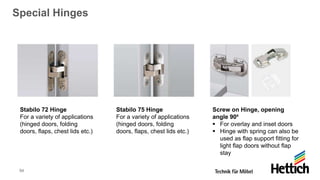 54
Special Hinges
Stabilo 72 Hinge
For a variety of applications
(hinged doors, folding
doors, flaps, chest lids etc.)
Stabilo 75 Hinge
For a variety of applications
(hinged doors, folding
doors, flaps, chest lids etc.)
Screw on Hinge, opening
angle 90⁰
▪ For overlay and inset doors
▪ Hinge with spring can also be
used as flap support fitting for
light flap doors without flap
stay
 