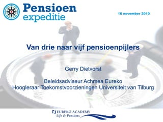 Van drie naar vijf pensioenpijlers Gerry Dietvorst Beleidsadviseur Achmea Eureko Hoogleraar Toekomstvoorzieningen Universiteit van Tilburg 