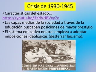 Crisis de 1930-1945
• Características del estado…
https://youtu.be/3KdVHBVxy7o
• Las capas medias de la sociedad a través de la
educación buscaban posiciones de mayor prestigio.
• El sistema educativo neutral empieza a adoptar
imposiciones ideológicas (desterrar laicismo).
 